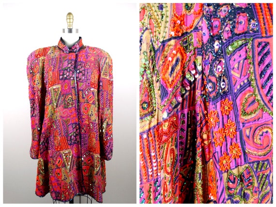 VTG Sequin Duster Jacket / Bohemian Novelty Open … - image 8