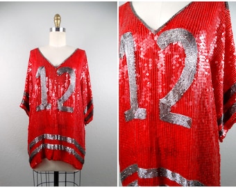 VTG Sequined #12 Jersey / Novelty Vintage Number 12 Sports Collector Piece / Red and Silver Beaded Football Quarterback Jersey