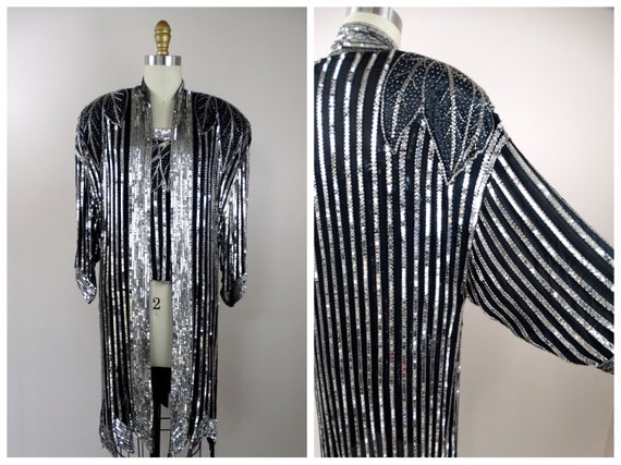 VTG Beaded Silk Sequined Kimono and Top / Black a… - image 8