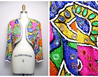 DAZZLING Jewel Beaded Bolero / Neon Bedazzled Bead and Sequin Embellished Glam Shrug / Bright Bejeweled Cropped Jacket Small