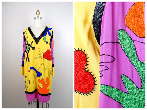 M | Pop Art Beaded Sequin Dress / 90s Funky Neon S