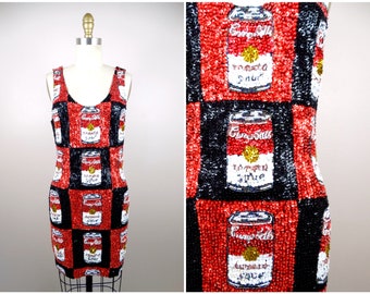 Vintage 80s Sequin Mini Dress | Pop Art Canned Soup Party Dress