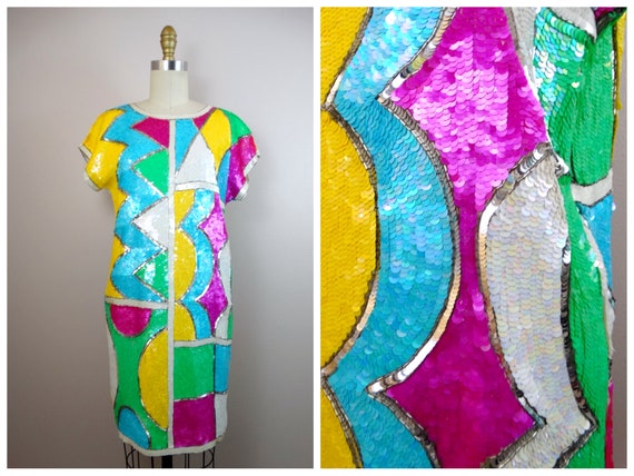 Funky NEON Sequined Dress // Psychedelic Sequin T… - image 1