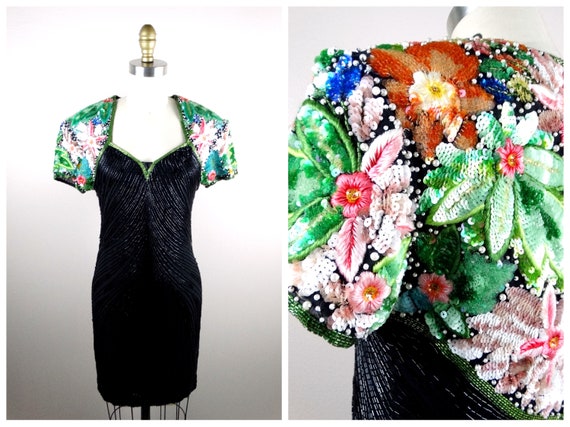 Tootsies Houston 90s Couture Floral Embroidered Dress ‣ 1990's Vintage Beaded Dress XS