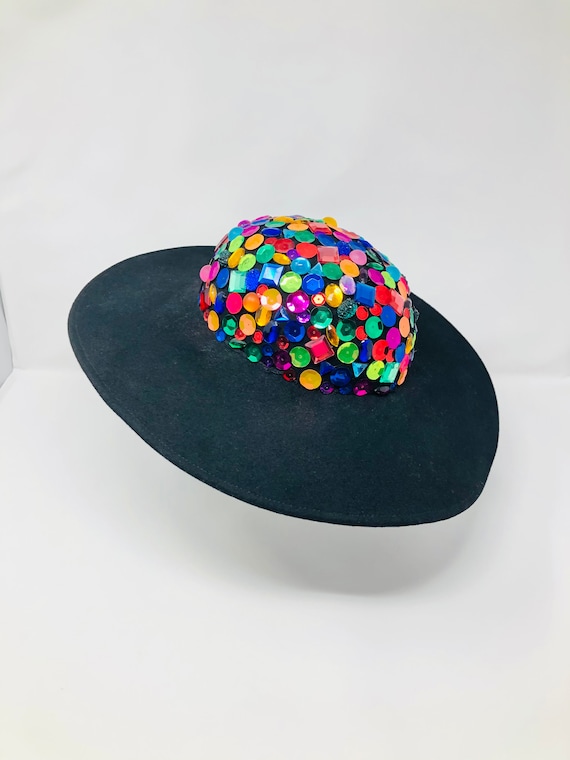 90s Vintage Jewel Beaded Cartwheel Hat / Bejeweled
