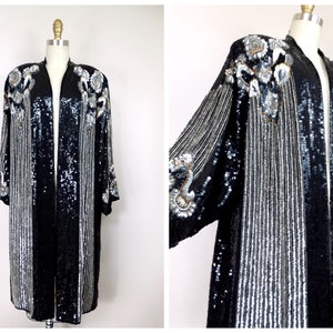 Art Deco Sequined Beaded Kimono Coat / Bohemian Novelty Open Kaftan / Black and Silver Sequin Duster Jacket O/S