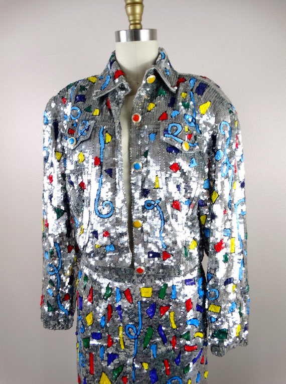 80s Funky Glam Sequin Jacket and Skirt // Mirror … - image 2