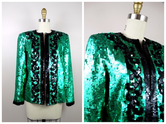 S/M Emerald Sequined Beaded Blazer / Bright Green… - image 1