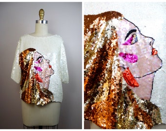 RARE Pop Art Lady Sequin Top / One of a Kind Sequined Novelty Ladies Face Abstract Top