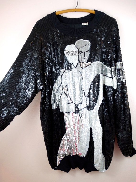 80s Pop Art Glam Sequined Dress / RARE Novelty Gl… - image 3
