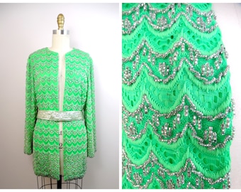 60s 70s Couture Embellished Neon Lace Jacket // Fluorescent Green Beaded Long Cardigan w/ Belt