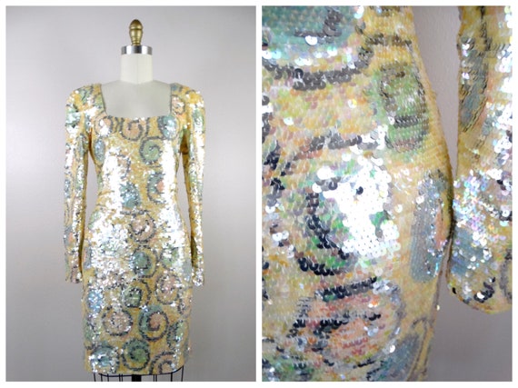 Sparkly Swirly Sequined Ivory & Silver Dress // Champagne Sequin Dress //  Fully Embellished Trophy Dress by Black Tie Oleg Cassini - Etsy