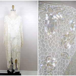 Iridescent Ivory White Beaded Silk Dress / Vintage Sequin Bridal Dress / Great Gatsby Flapper Wedding M/L