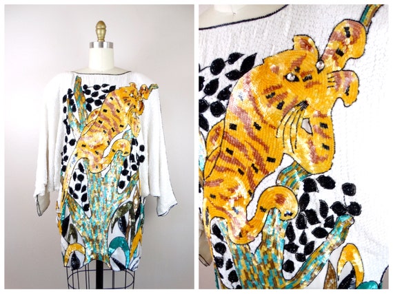 80s Tiger Sequined Mini Dress // Oversized Slouchy
