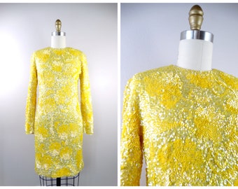 60s Yellow Sequined Dress • Retro Sequin Embellished Dress • 1960s Sequin Dress