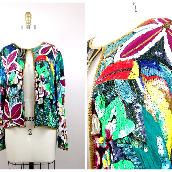 Tropical Rainforest Sequin Jacket // Exotic Sequined Beaded Open Top // Toucan Embellished Nature Scene Silk Sequin Cardigan