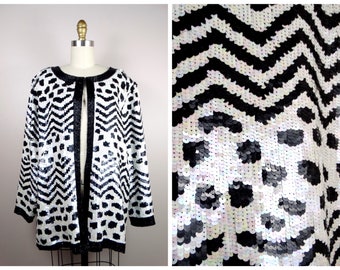 Plus Size Sequin Open Top / Black and White Beaded Sequined Evening Jacket / Women’s Fully Sequined Blazer Coat XL 1X