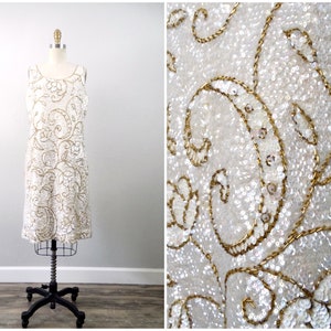 60s Iridescent Sequin Dress // 1960s Sequined Embellished Gold and Ivory Wool Dress