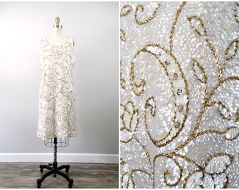 60s Irisierendes Paillettenkleid // 1960s Paillettenverziertes Gold und Ivory Wollkleid