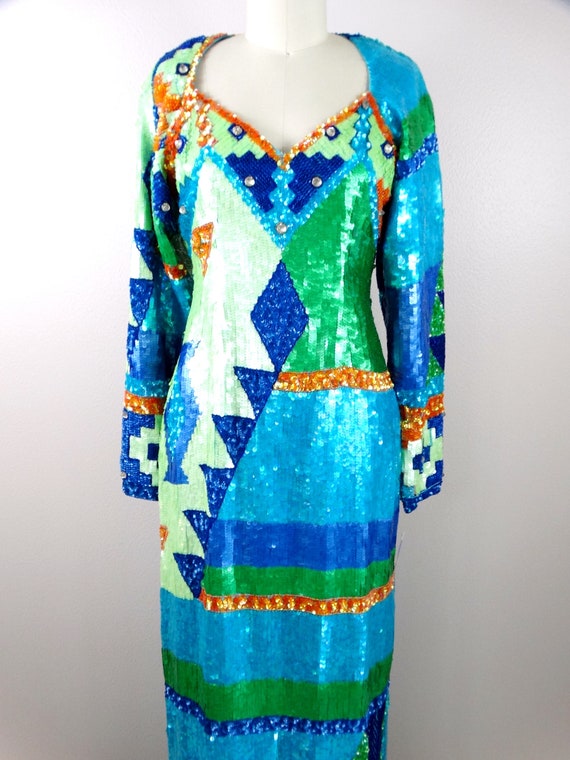 80s Geometric Sequin Dress // Retro Vintage Sequi… - image 2