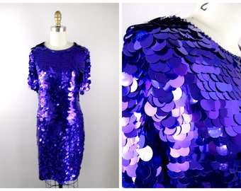 S/M Purple Paillette Sequined Trophy Dress // GLAM Indigo Sequin Embellished Dress