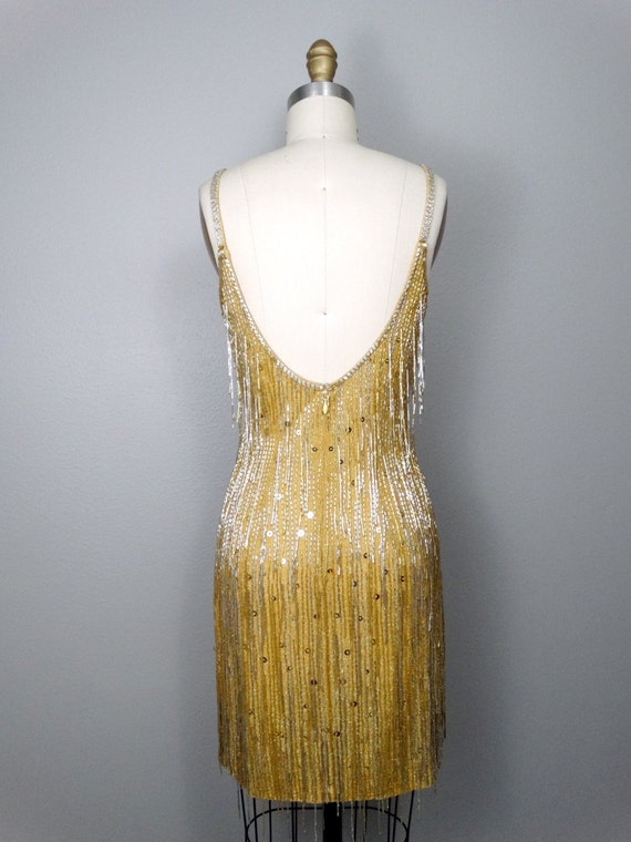 Gold Fringed Beaded Sequin Dress // Fringe Gatsby… - image 4