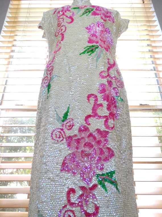 Vtg Cheongsam Sequin Gown / Vintage Iridescent Se… - image 9