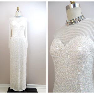 Vintage Beaded Couture Bridal Gown / Hand Beaded Fully Sequined Wedding Gown / White Sequin Wedding Dress