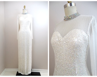 Vintage Beaded Couture Bridal Gown / Hand Beaded Fully Sequined Wedding Gown / White Sequin Wedding Dress