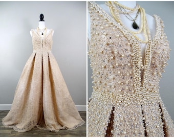 VTG Inspired Pearl Beaded Wedding Dress / Heavily Embellished Champagne Gold Wedding Gown