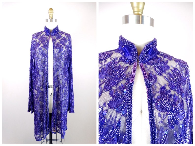 XL Purple Lace Sequined Beaded Long Jacket Boho Embellished Sheer Duster Purple Beaded Sequin Evening Overcoat