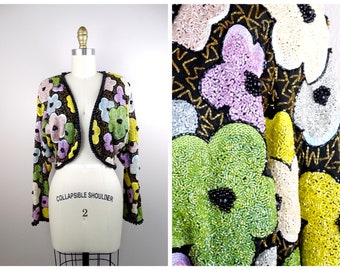 Naeem Khan RIAZEE Beaded Bolero // Vintage Couture Floral Shrug w/ Heavy Beading // Heavily Embellished Cropped Jacket