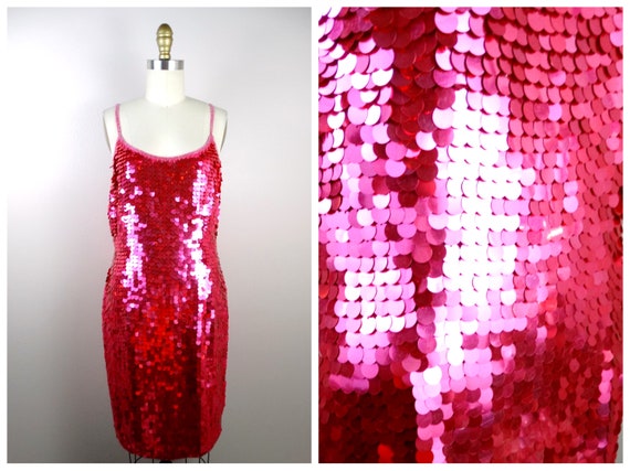 Bright Pink Sequin Party Dress / Sparkling Cockta… - image 1