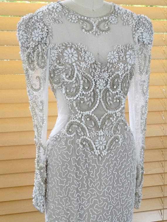 Nude Illusion Pearl Beaded Wedding Dress // Vinta… - image 3