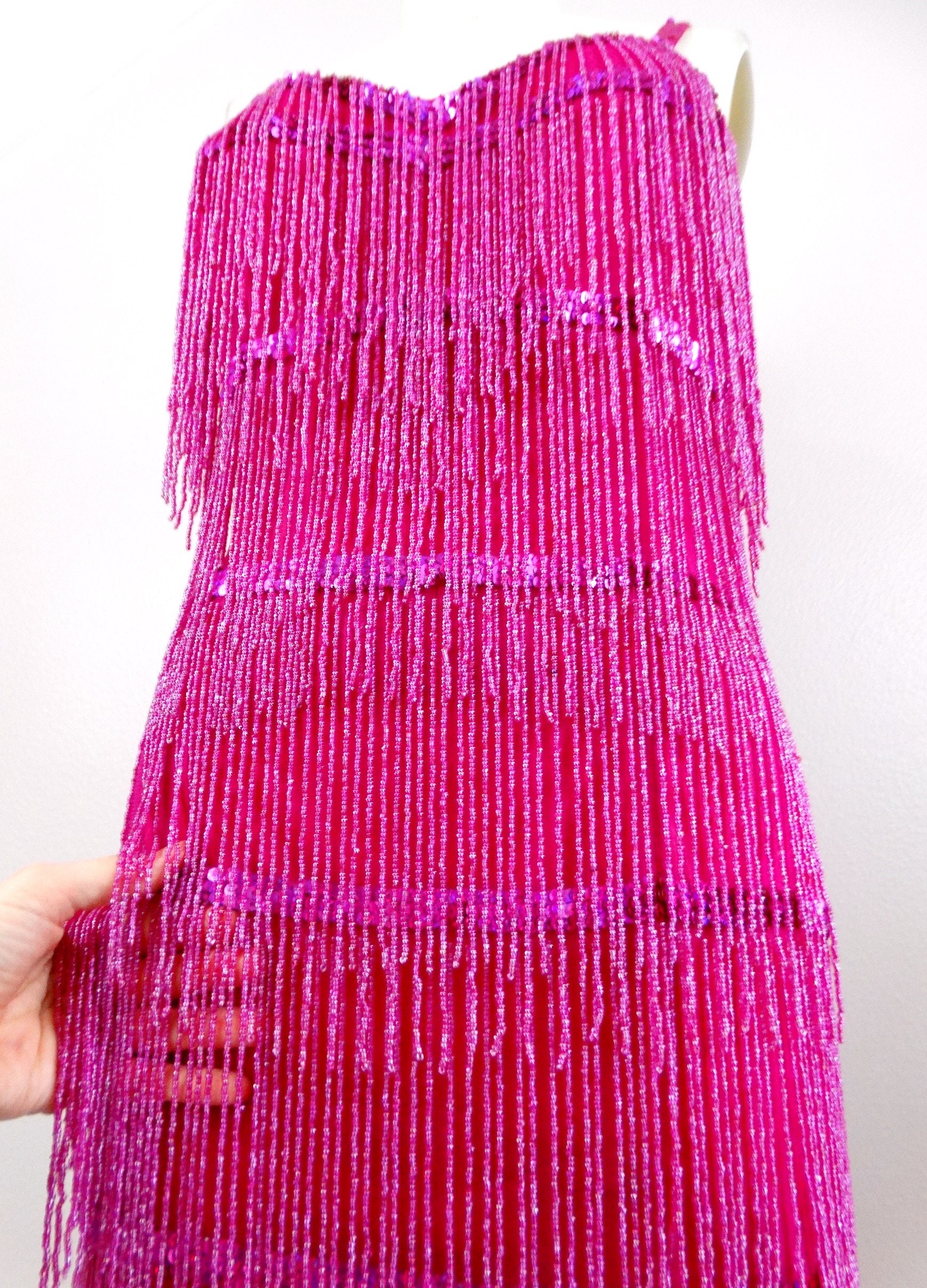 Bright Pink Fringe Beaded Dress / Fuchsia Fully Fringed Mini Dress