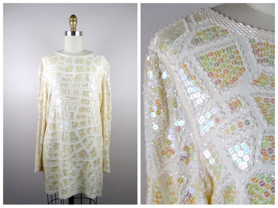 Vintage Iridescent Sequin Embellished Mini Dress /