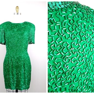 Lillie Rubin Green Beaded Mini Dress / Emerald Embellished Cocktail Dress US Size 6