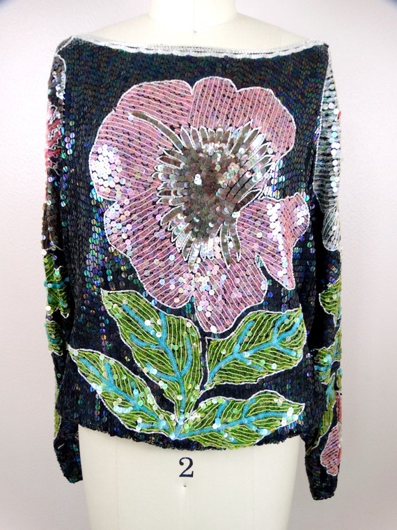 M/L Exotic Flower Sequined Top / Vintage Sequin T… - image 3