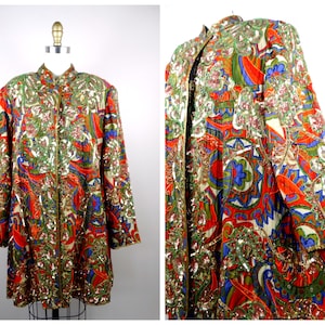 VTG Sequin Beaded Overcoat / Bohemian Novelty Long Jacket / Burnt Orange and Gold Paisley Art Deco Vintage Beaded Sequined Swing Coat