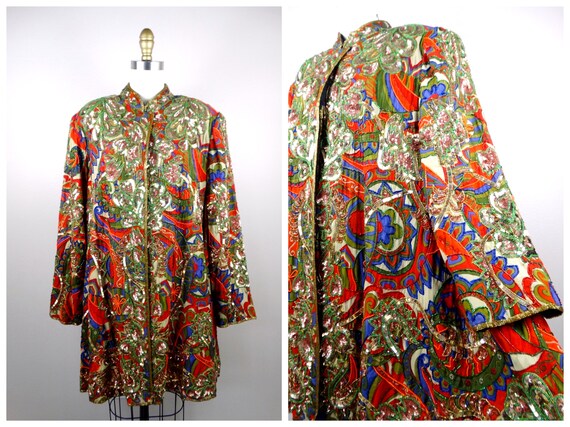 VTG Sequin Beaded Overcoat / Bohemian Novelty Lon… - image 1