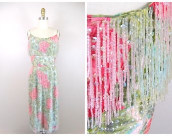 1950s Beaded Fringe Dress, Couture Vintage Sequined Gown