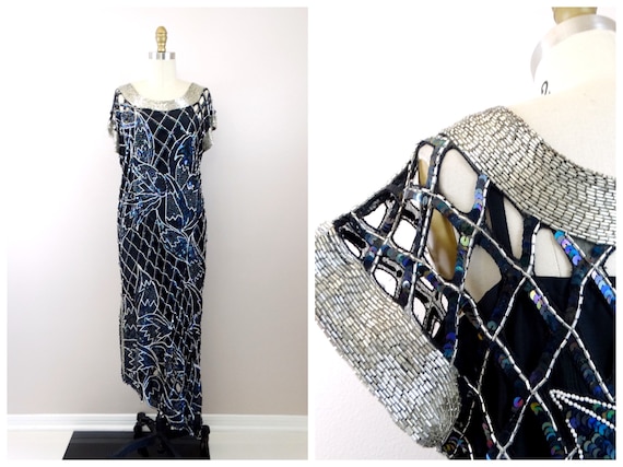 70s Lattice Cutouts Sequin Gown // Sheer Silk Gla… - image 1