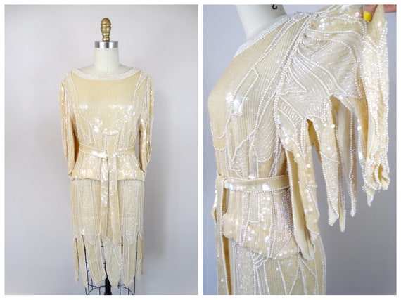 70s Hand Beaded Pearl Fringe Dress w/ Belt // Vin… - image 5