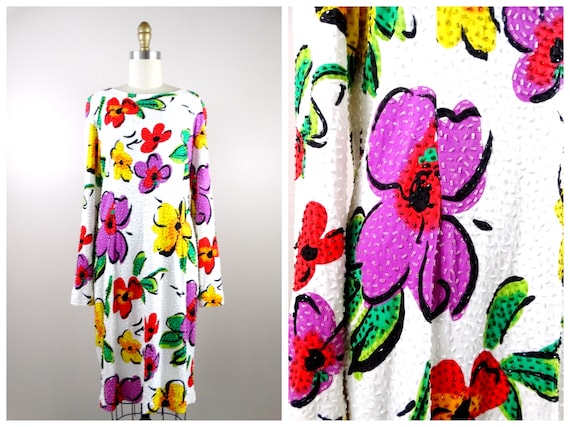 L/XL 90s Retro Floral Beaded Dress / Bright White