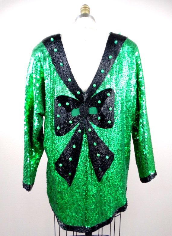 RARE Beaded Glam Bow Emerald Sequin Dolman // Vin… - image 2