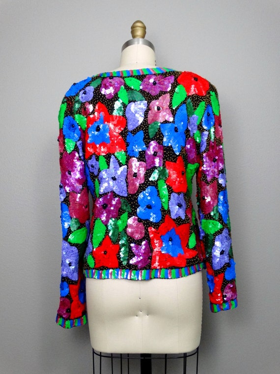 S/M Neon Sequin Floral Jacket / Bright Red Blue a… - image 3
