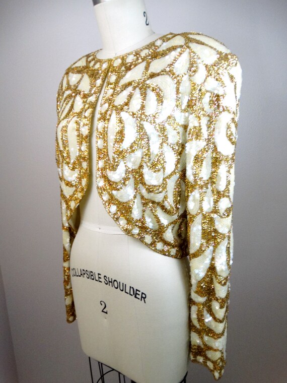 80s Couture Beaded Sequin Bolero Shrug // Iridesc… - image 3