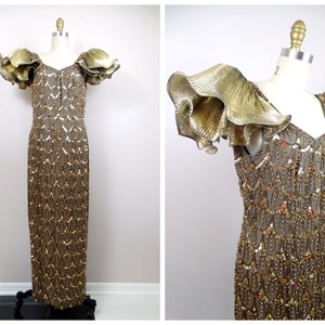 AVANT GARDE Sequined Beaded Gown / 80s Art Deco Gold Sequin Dress / Dramatic Vintage Dynasty Gown