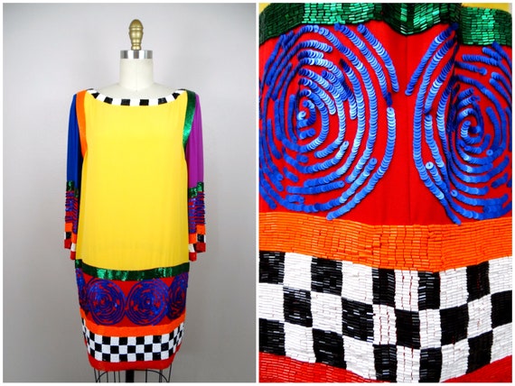 Bright Colorblock Beaded Sequined Dress / Designer