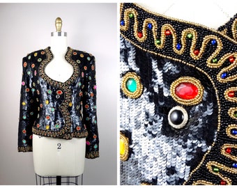 Haute Couture Jewel Encrusted Top / Ornate Sequin Evening Jacket / Avant Garde Bejewel Beaded Fitted Button Down Top